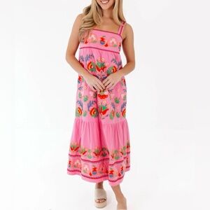 NWT $238 J. Marie Womens 100% Cotton Embroidered Sleeveless Midi Dress Pink Sz M